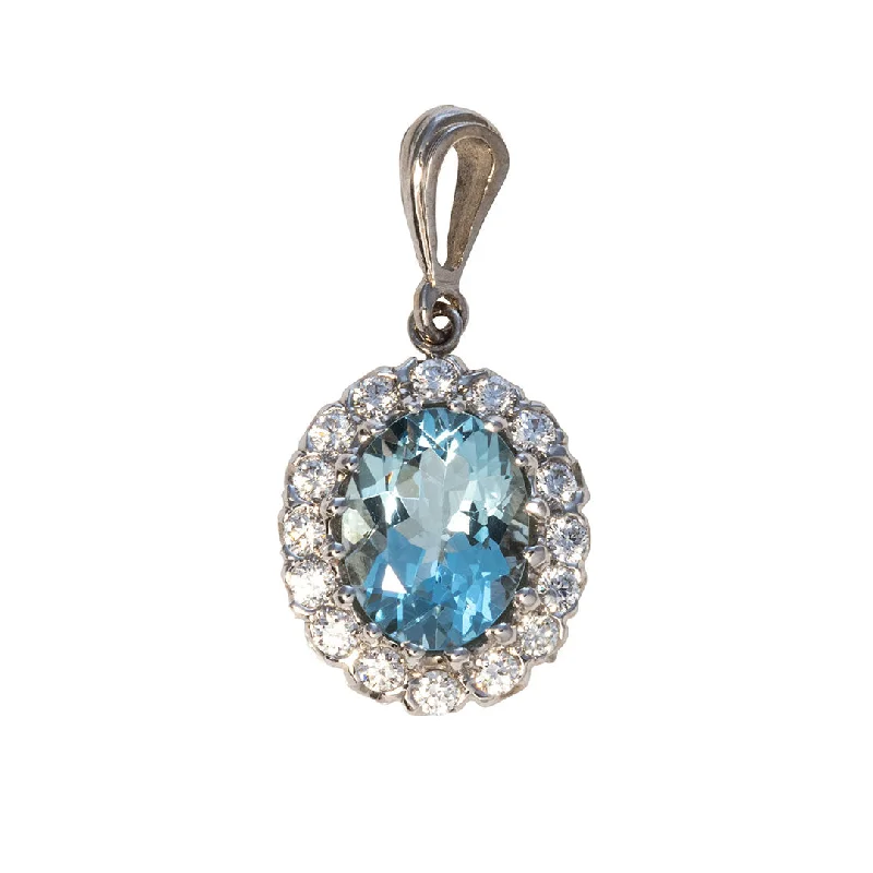 Oval Aquamarine & Diamond Cluster 14K White Gold Pendant