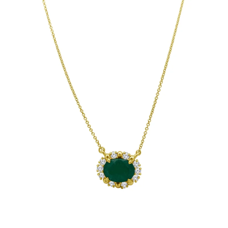 Oval Emerald with Diamond and Gold Bead Halo Necklace