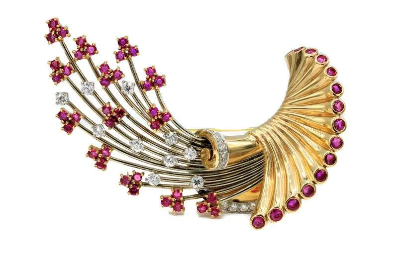 RETRO DIAMOND AND RUBY BROOCH