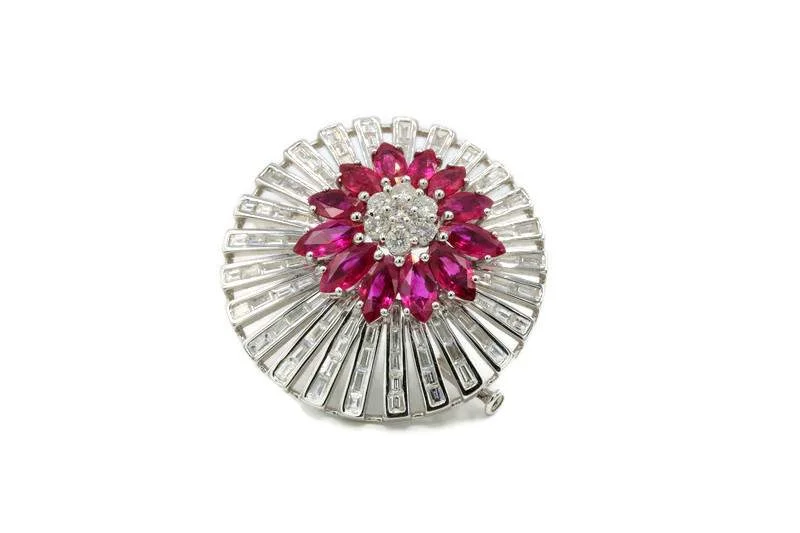 RUBY AND DIAMOND FLOWER BROOCH