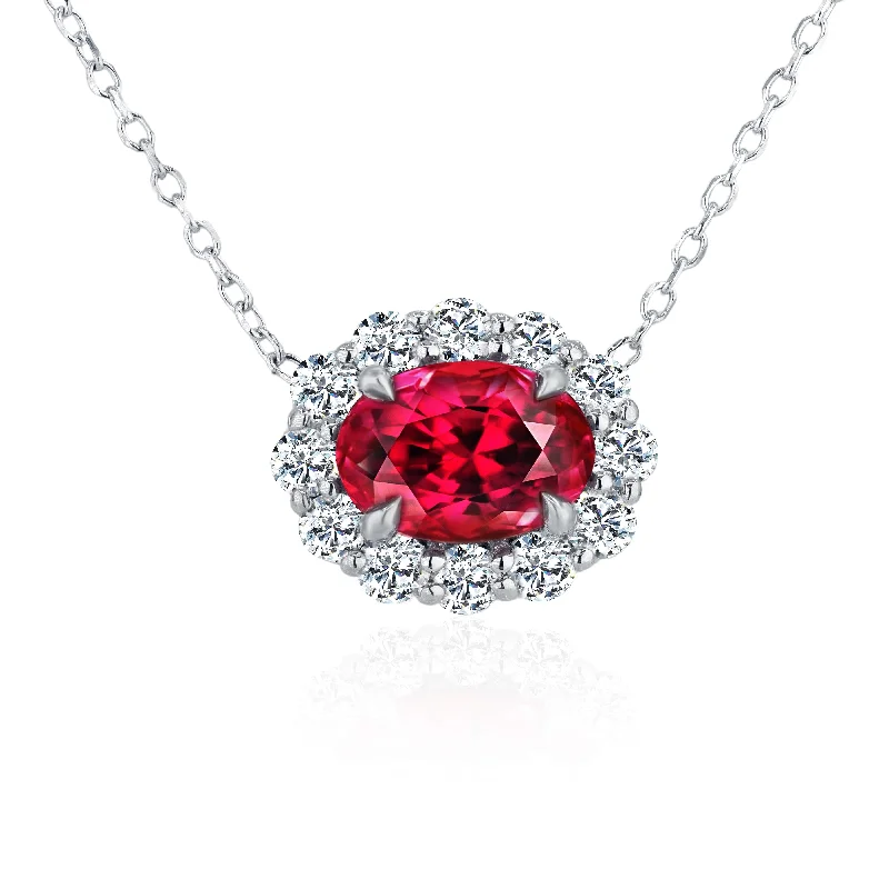 Ruby And Diamond Oval Halo Necklace