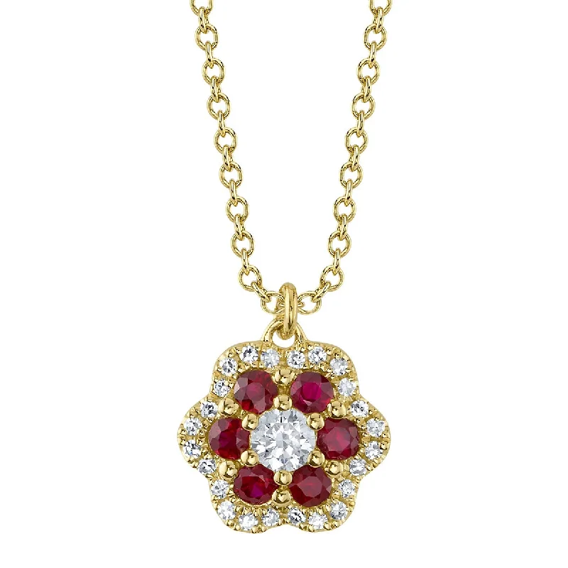 Shy Creation Diamond & Ruby Flower Necklace