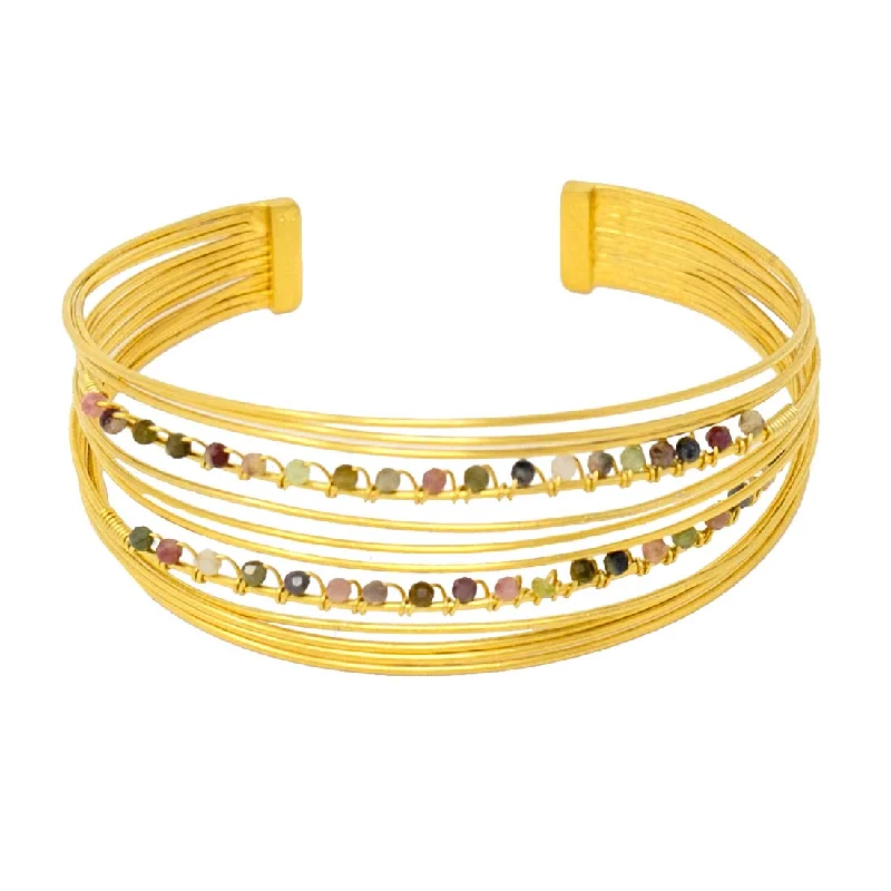 Tourmaline Bead Layered Gold-Plated Wire Cuff